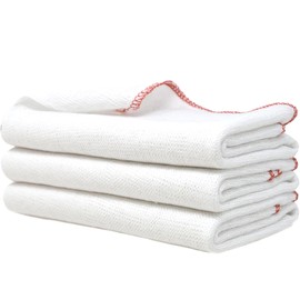 Towelogy Premium Extra Large Dish Cloths Pack of 3 - Cotton 38 x 45cm Odour Free & Super Absorbent Kitchen Dish Towels (White/Red Edges, 3)