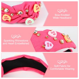 Knstol Valentine's Day Headband, Rhinestone Heart Embellished Knotted Headband, Elastic Fashion Wide Headbands for Women Girls Hair Accessories (Rose Red)