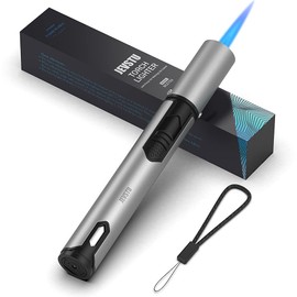 JEVSTU Torch Lighter, Butane Lighter 6.0in Long with Fuel Level Window, Windproof Pen Adjustable Jet Flame for Grill Candle Kitchen Fireplace Camping BBQ, Men Gifts, Silver. (Gas not Included)