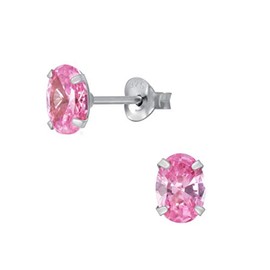 925 Sterling Silver and Cubic Zirconia 5x7mm Oval stud earrings women in various sparkly colours anti allergy hypoallergenic nickel free jewellery ladies sensitive ears gift box (Pink)