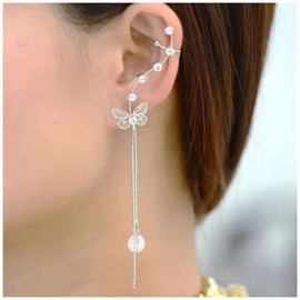 Aneneiceera Boho Crystal Butterfly Cuff Wrap Earrings Silver Long Chain Tassel Earrings Cluster Crystal Climber Crawler Earrings Long Sleek Chain Drop Earrings Non Pierced Clip on Earrings Dangle Chain Earcuff Earring Jewelry for Women (Silver)