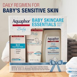 Aquaphor Baby Skin Care Essentials Gift Set with Baby Wash and Shampoo (16.9 Fl Oz) + Healing Ointment for Chapped Skin and Drool Rash (7Oz) + Diaper 