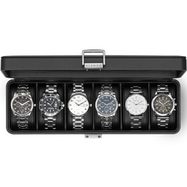 Vlando Watch Case for Men, 6-Slot Watch Box with Glass Lid, Lockable, Business Textured Leather, Soft Pillow, Gift for Fathers, Husband, Friend - Black