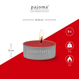pajoma® Tea Lights Pack of 8, Pomegranate Scented Tea Lights in Aluminium Case, Burning Time Approx. 4 Hours, Height 1.5 cm, Diameter 3.5 cm, Decoration, Catering, Outdoor, Wind Glasses, Wedding