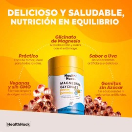 Health Hack Glicinato de Magnesio en Gomitas, 410 mg de Magnesio Elemental como Glicinato por Porción, Sabor Uva, Sin Azúcar, Suplemento Vegano Sin Gluten ni Colorantes Artificiales, 180 Gomitas
