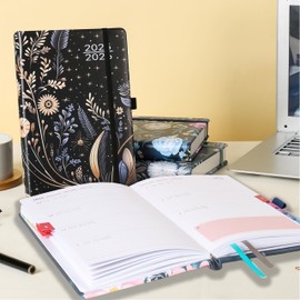 A5 Academic Diary 2025–2026 Week to View, August 2025 to July 2026 – Classic Black – Floral Design, 1 Week on 2 Pages, Includes Pen, Colorful Monthly Tabs, Pen Holder, 2 Bookmarks, Inner Pocket