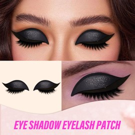 Lazy Eye Shadow Eyelash Patch, 2025 New Eyeshadow Eyelash Stickers, 3-in-1 Self-Adhesive Reusable Fast Eye Makeup Stickers with False Lashes, Shadow, Eyeliner, for Party, Prom (Black)