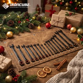ironcube Ratcheting Wrench Set For Men: 16-Piece Metric & SAE - Black Chrome Vanadium - Including Water-Resistant Wax Canva Bag - for Automotive Repair