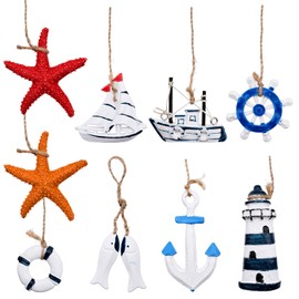 Pack of 9 Maritime Pendants Decorative Small Wood for Fishing Net Wall Decorative Pendant Sea with Hanging Anchor, Miniature Life Ring, Mini Boat, Starfish, Fish, Rudder, Lighthouse, Steering Wheel