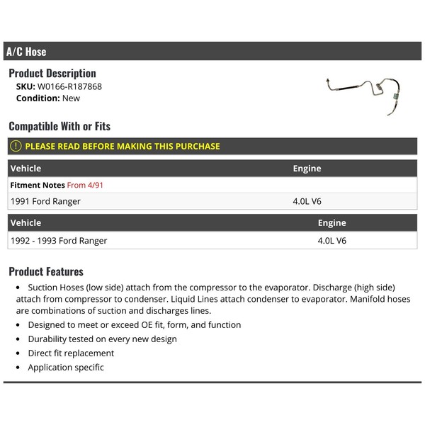 A/C Hose Assembly - Compatible with 1991-1993 Ford Ranger 4.0L