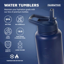 FAHRMOSIS 40 OZ Water Bottle with Straw | Insulated Water Bottle Water Jug Includes 3 Lids Water Bottles | Stainless Steel Water Bottle for Men & Women - Navy Blue