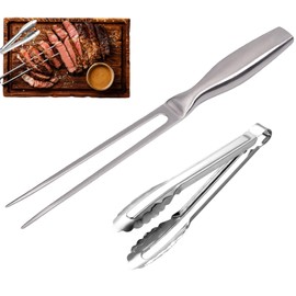 Stainless Steel Meat Fork, Heavy Duty Carving Fork, and Metal Tongs, with Ergonomic Handle, Durable Kitchen Utensils for BBQ, Roasting, Carving, Cooking, Salad