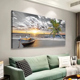 Canvas Wall Art Black and White Beach Palms Prints Paintings for Home Wall Decor Boat and Sunset Seascape Pictures Canvas Art for Living Room Bedroom Office Wall Decor Natural Scenery Artwork