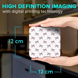 1 x Square Jumbo Size Coaster 12cm Cute Pink Bows Pattern Kids Party Cork Backed MDF Glossy Tea Coffee Accessory #52772