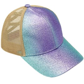 YeeHeen Baseball Cap for Girls Criss Cross Ponytail Baseball Hats Rainbow Glitter Sun Cap Green Purple