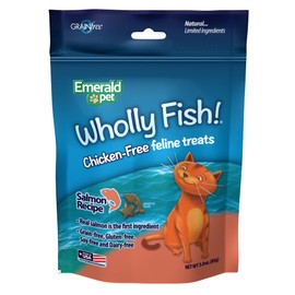 Emerald Pet Wholly Fish! Chicken-Free Feline Treats, Salmon Recipe — Tasty and Crunchy Salmon Cat Treats with Real Salmon — Chicken-Free, Grain Free, Natural Cat Treats — Made in USA, 3 oz