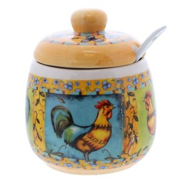 Dolomite Sugar Bowl or Salt Canister With Spoon And Lid - Rooster Design