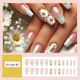 TBRZTR Flower Press on Nails Long Ballet Shaped Full Cover Glossy French Stick on Nail Floral White Daisy Pattern Design Spring False Nail Reusable Artificial Press Ons Glue on Nails for Women 24Pcs