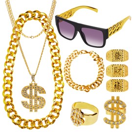 Hip Hop Costume Kit – Gold Chain, Dollar Sign Necklace, Rings & Sunglasses for 90s Fancy Dress, Rapper & Hip Hop Party Outfits