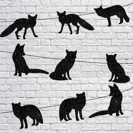 Y 9pcs Black Glitter Silhouette Fox Banner for Woodland Animal Theme Party Background Decorations Men Women Kids Happy Birthday Party Decor Supplies
