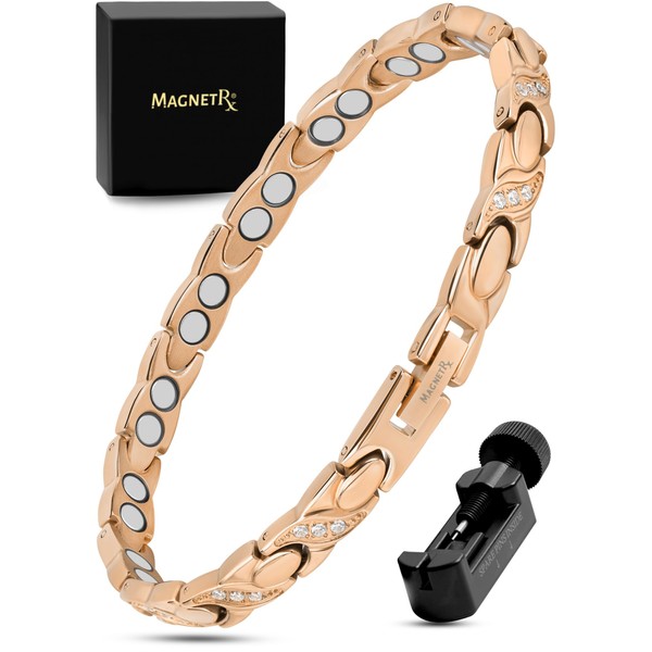 MagnetRX® Ultra Strong Magnetic Bracelet for Women - Double Magnet Stainless Steel Crystal Magnetic Band for Women - Adjustable Bracelet Length with Sizing Tool (Rose Gold)