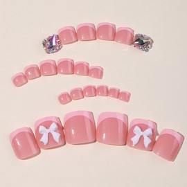 24Pcs Pink French Tip Press on Toenails Full Cover Short False Toenails with 3D Bow Charms Design Glossy Square Acrylic Toenails Diamond Toe Nail Tips Glue on Toenails for Women and Girls Toenail Art