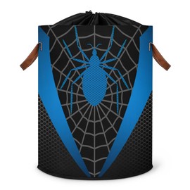 Large Laundry Hamper Basket with Lid, Round Collapsible Storage Organizer Bin for Kids Room, Boys, Nursery, Closet, Bedroom, Playroom, Toys, Dirty Clothes, 16"W x 20"H Blue Spider Web