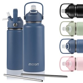 moon bottles - Insulated Water Bottle with Straw - Stainless Steel Sports Drink Bottle, Thermal Flask, 24hr Cold, 12hr Hot, Double Walled, Metal Straw, Silicon Spout, UK Company (1L, Blue)