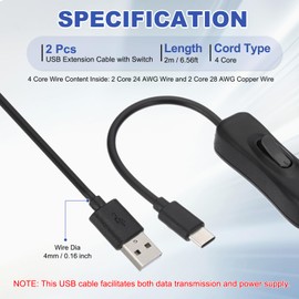 PATIKIL 6.56ft USB Extension Cable with on Off Switch, 2pcs Type C to USB Male Data Power Supply Cord 4 Core Wire for LED Strip Desk Lamp Fan, Black