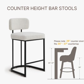 KISLOT 26" H Counter Height Bar Stools Set of 2, Modern Linen Fabric Upholstered Barstools with Backrest for Kitchen Island, Black Metal Frames, Wheat