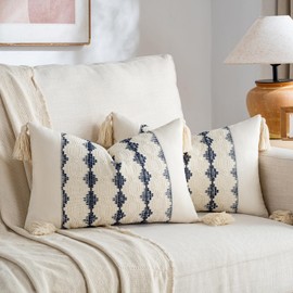 Fancy Homi Set of 2 Navy Blue Lumbar Decorative Throw Pillow Covers 12x20 Inch for Couch Bed Sofa Living Room, Aesthetic Organic Farmhouse Home Decor, Cotton Woven Textured Cushion Case with Tassels