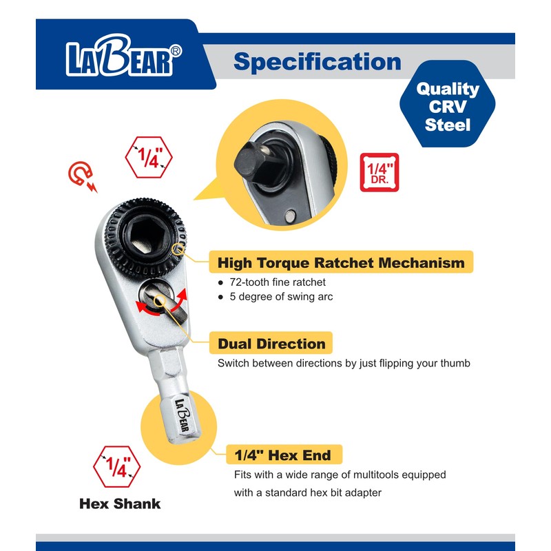 LABEAR 2-in-1 Mini Ratchet Wrench Adapter, Magnetic 1/4" Hex Bit