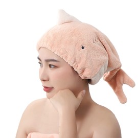 JK Home Women Microfiber Hair Drying Wrap Towel Cap, Fun Cute Cartoon Shark Super Absorbent Coral Velvet Hair Turban Quick Dry Towels for Wet, Long, Thick Hair
