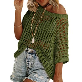Zeagoo Off The Shoulder Tops Crochet Sweater Short Sleeve Lightweight Boho Cover Ups Summer Clothes Army Green