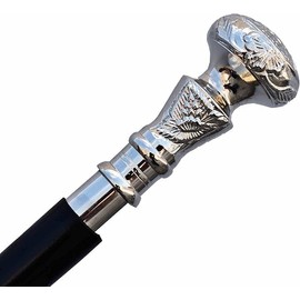 Vintage Antique Walking Cane Wooden Walking Stick Silver Finish Brass Handle Knob Gift with Black Wooden Stick