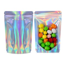 RIGHTPAK One Side Clear Holographic Stand Up Pouches with Resealable Zipper and Tear Notch for Food Packaging (25, 9cm x 14 cm)