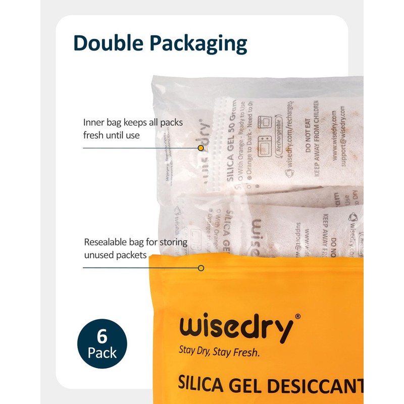 wisedry 50 Gram [6PACKS] Rechargeable Silica Gel Desiccant Packets Fast