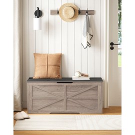 CHOEZON Storage Chest, 43.3" Wooden Storage Trunk, Retro Storage Bench with Safety Hinge, Toy Chest Storage, Farmhouse Style, for Bedroom, Living Room, Charcoal Gray and Greige MCW11HC