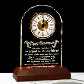 Arikyrist Retirement Crystal Clock Gifts for Women Men, Happy Retirement Plaque Gifts Congratulations Retired Gifts with Wooden Light Base for Boss Leader Friends Teacher Doctor Nurses