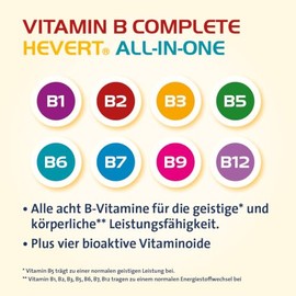Vitamin B Complete Hevert All-in-One with All 8 Vitamins of the B Complex and 4 Bioactive Vitaminoids, Pack of 120 Capsules