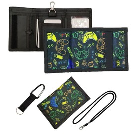 DSLIHA Children's Purse, Children's Neck Pouch with Key Ring, Triple Folded Purse for Hanging with Note Compartment and Coin Compartment for Boys and Teenagers, black, Modern