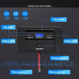 Yieidui 2PCS 3 Ports 12V RV USB Outlet 90W, Dual PD3.0 Type-C Quick Charge 72W & USB QC3.0 18W Panel Wall Mount Easy Install Easy to Use