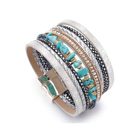 Fesciory Leather Wrap Bracelets for Women, Boho Leopard Multi-Layer Crystal Beads Cuff Bracelet Jewelry (Turquoise)