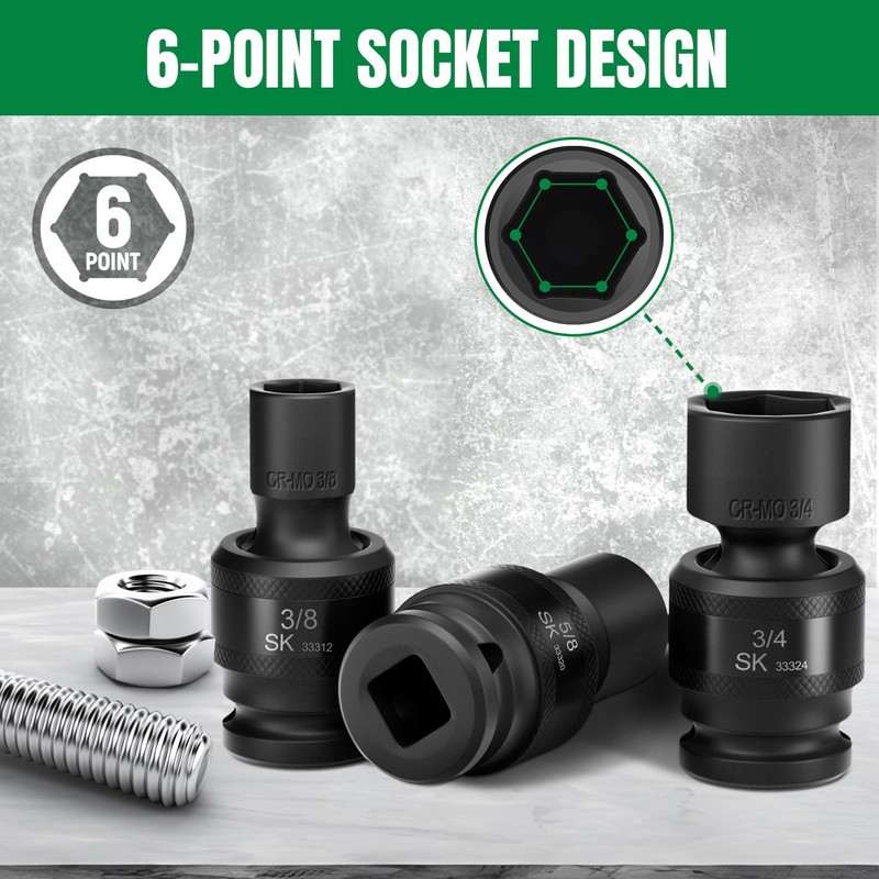 SK 3/8" Drive Universal Swivel Impact Socket Set, SAE Socket