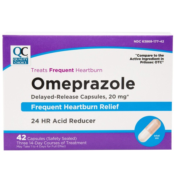 Quality Choice Omeprazole Delayed Release Acid Reducer 20mg, Frequent Heartburn Treatment, 42 Tabs Each (1)