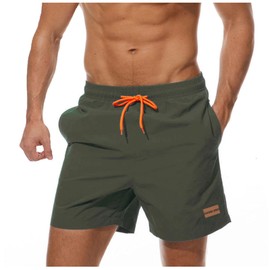 Ougelebo Men's Swimming Trunks with Zip Pocket, Quick-Drying, Army Green