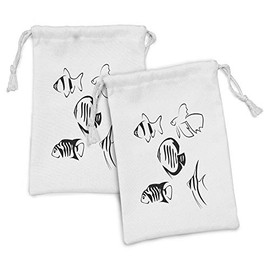 Lunarable Ocean Fabric Pouch Set of 2, Flock of Fish Sketchy Print Sealife Aquarium Animals with Stripes Artwork Image, Small Drawstring Bag for Toiletries Masks and Favors, 9" x 6", Black and White