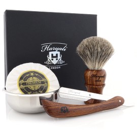 Haryali London Shaving Kit – 4 Pc Cut Throat Razor – Wooden Shaving Kit – Super Badger Shaving Brush – Shaving Soap – Shaving Bowl – Sustainable Shaving Kit as Gift Set