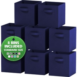Royexe Set of 8 Foldable Fabric Storage Cube Bins | Collapsible Cloth Organizer Baskets Containers | Folding Nursery Closet Drawer | Features Dual Handles | Beautiful Colors Available (Navy)