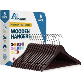 Lifemaster Wooden Clothes Hangers – with 360 Degree Swivel Hook and Non-Slip Shoulder Notch, Holds Up to 10 lbs, Pants Bar Design, for Organizing Suit, Dress, Coat, and Clothes, Pack of 5, Cherry